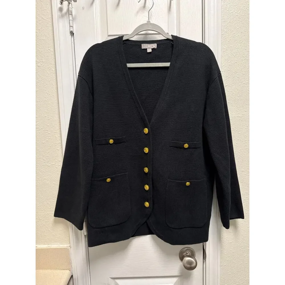 J. Crew Giselle Cotton V-Neck Sweater-Blazer Black Preppy Old Money Size Small